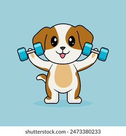 Cute Dog Lifting Barbell. Funny cartoon Dogs. Illustration Animal Sport Isolated Flat Vector.