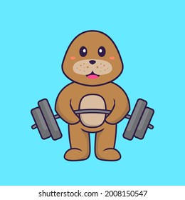 Cute dog lifts the barbell. Animal cartoon concept isolated. Can used for t-shirt, greeting card, invitation card or mascot.