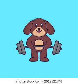 Cute dog lifts the barbell. Animal cartoon concept isolated. Can used for t-shirt, greeting card, invitation card or mascot.