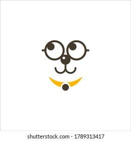 Cute dog line logo with glasses using a yellow necklace. Fun, cute, cheerful, clean and professional. Suitable for pet shop, children's clothing, pet products, pet accessories, etc.