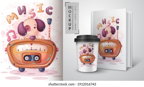 Cute dog listen radio poster and merchandising. Vector eps 10