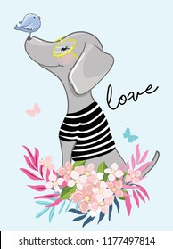 Cute dog with little bird illustration for fashion artwork, children books, t-shirt prints, greeting cards.