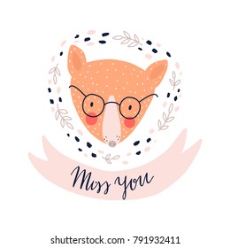 Cute dog logo with lettering. Hand drawn vector illustration - animal with glasses. Ribbon and leaves. Hand lettering. Perfect for nursery prints.