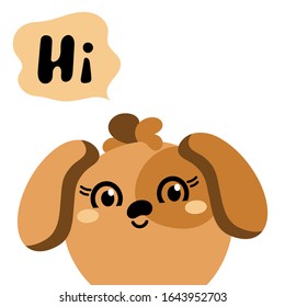 Cute dog with long ears. Hi, text. Vector animal Head. Kawaii . The flat design is isolated on a white background. 