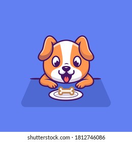 Cute Dog Looking Bone On Plate Cartoon Vector Icon Illustration. Animal Food Icon Concept Isolated Premium Vector. Flat Cartoon Style