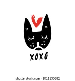 Cute dog in love label. Decor elements. Valentine's day card, scandinavian style. Vector, clip art.