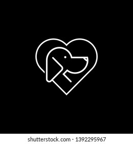 Cute dog with love logo design template. Pet icon isolated on black background. Vector Illustration