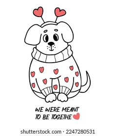 Hund in Liebe im Pullover mit Herzen. Cool valentine card mit Inschrift Wir sollten zusammen sein. Vektorgrafik im Doodle-Stil. Hübsches Tier