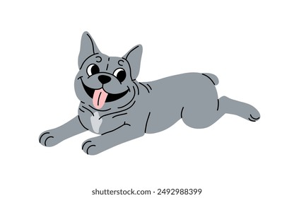 Cute dog lying flat. Funny sweet puppy smiling. Adorable doggy of French bulldog breed, canine cartoon animal. Flat vector illustration isolated on white background