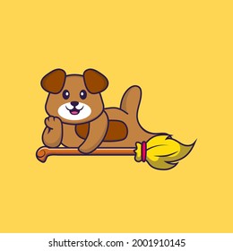 Cute dog lying on Magic Broom. Animal cartoon concept isolated. Can used for t-shirt, greeting card, invitation card or mascot.