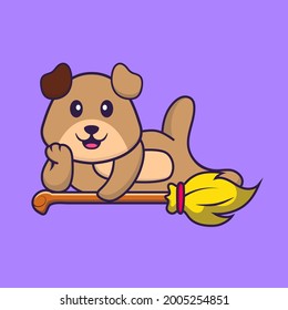 Cute dog lying on Magic Broom. Animal cartoon concept isolated. Can used for t-shirt, greeting card, invitation card or mascot.
