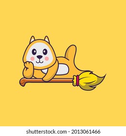 Cute dog lying on Magic Broom. Animal cartoon concept isolated. Can used for t-shirt, greeting card, invitation card or mascot.