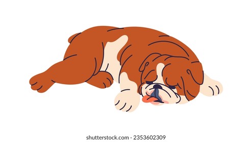 Cute dog lying, sleeping. Tired puppy of English bulldog relaxing. Funny doggy asleep. Adorable lovely chunky pup resting with tongue out. Flat vector illustration isolated on white background