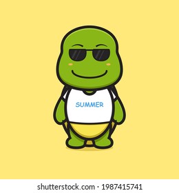 Cute dog mascot character wear glasses and white t shirt cartoon vector icon illustration. Design isolated on yellow. Flat cartoon style.