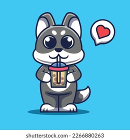 Cute Dog Mascot Drinking Boba Cartoon Illustration.