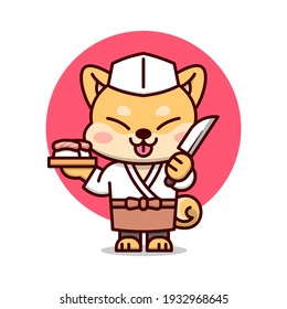 CUTE DOG MASCOT IN JAPANESE SUSHI CHEF OUTFIT.