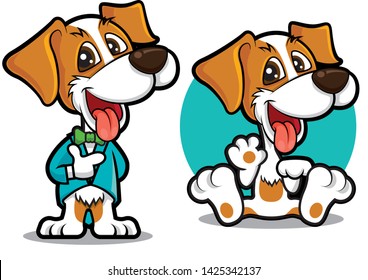 Cute dog mascot series. Dog wears tuxedo with bowtie waving hand. Pet hotel vector illustration mascot