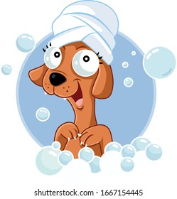 Cute Dog Mascot Taking a Bath Vector Cartoon. Hilarious cute clean doggie bathing in bubbles
