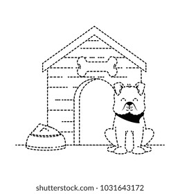 cute dog mascot with wooden house and dish food