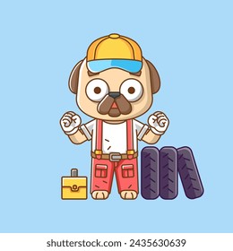 Cute dog mechanic with tool at workshop cartoon animal character mascot icon flat style illustration concept set