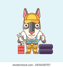 Cute dog mechanic with tool at workshop cartoon animal character mascot icon flat style illustration concept set