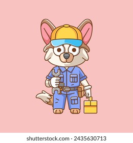 Cute dog mechanic with tool at workshop cartoon animal character mascot icon flat style illustration concept set