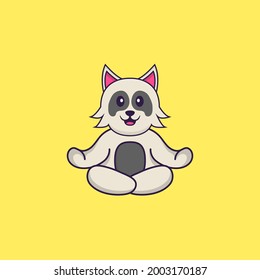 Cute dog is meditating or doing yoga. Animal cartoon concept isolated. Can used for t-shirt, greeting card, invitation card or mascot.