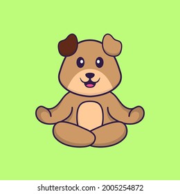 Cute dog is meditating or doing yoga. Animal cartoon concept isolated. Can used for t-shirt, greeting card, invitation card or mascot.