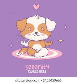 Cute dog meditating . Funny cartoon kawaii character animal. Card with pet yogi sitting in an asana. Vector illustration. Kids collection