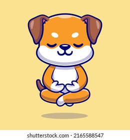 Cute Dog Meditating Yoga Cartoon Vector Icon Illustration. Animal Sport Icon Concept Isolated Premium Vector. Flat Cartoon Style