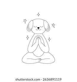 Cute dog in a meditative pose, with its eyes closed and front paws pressed together in a Namaste gesture on a white background.