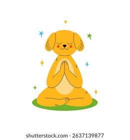 Cute dog in a meditative pose, with its eyes closed and front paws pressed together in a Namaste gesture on a white background.