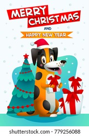 Cute dog with Merry Christmas and Happy new year inscription. Stylish yellow dog with santa claus red hat and gift box. Christmas tree and presents on background. Symbol of the year 2018. Vector 

