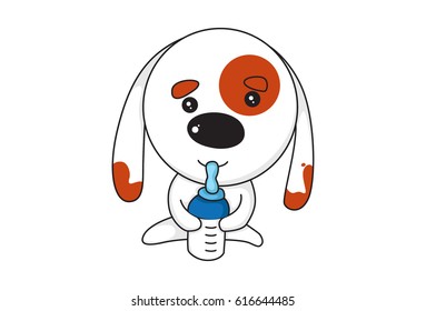 Cute Dog with a milk bottle. Vector Illustrations. Isolated on white background.