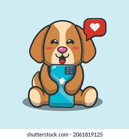 Cute dog with mobile phone cartoon illustration