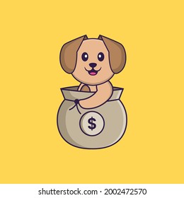 Cute dog in a money bag. Animal cartoon concept isolated. Can used for t-shirt, greeting card, invitation card or mascot.