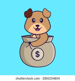 Cute dog in a money bag. Animal cartoon concept isolated. Can used for t-shirt, greeting card, invitation card or mascot.
