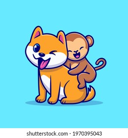 Cute Dog And Monkey Cartoon Vector Icon Illustration. Animal Nature Icon Concept Isolated Premium Vector. Flat Cartoon Style