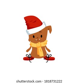 Cute dog monster cartoon character in Christmas hat, flat vector illustration isolated on white background. Creative imaginary fluffy beast image for winter holidays.