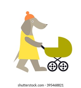 Cute dog mother character. Cartoon vector illustration of female dog in hat isolated on background. Motherhood illustration.