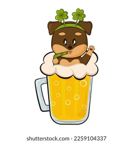 Cute dog in mug of beer with St Patrick`s Day party headband with shamrocks in cartooon style isolated on white background, design element for greeting cards or invitations