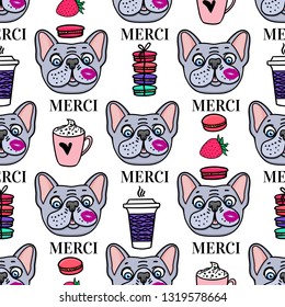 Cute dog with a mug of coffee and macaroons french style Merci. Seamless surface design. Vector hand drawn sketch isolated on white background.