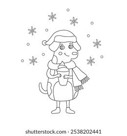 Cute dog with a mug of hot drink. Vector hand drawn doodle Christmas illustration, isolated black outline. Great for coloring and Xmas cards