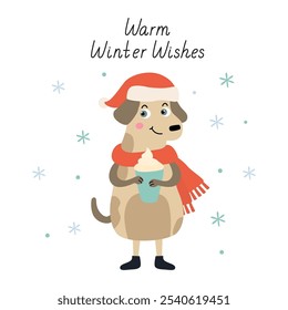 Cute dog with a mug of hot drink wearing santa costume. Vector hand drawn flat style Christmas illustration. Warm winter wishes lettering.  Xmas Card with greetings.