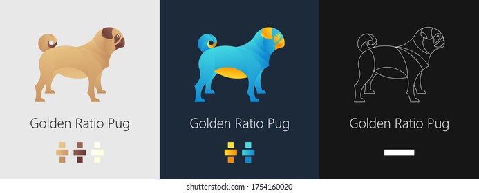 Cute dog, multi colored illustration of a pug made with a help of golden ratio technique. Best dog ever. Gradient and outline style.