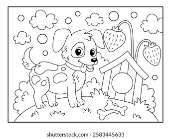 Cute dog with Natural scenery view background coloring page for kids. Funny animal outline vector illustration.