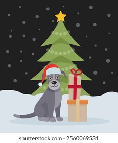 Cute dog near the New Year tree. Christmas card with dog, puppy. Happy holidays. Greeting concept. Ideal for print, postcard or label. New Year card. Vector illustration on a white background.