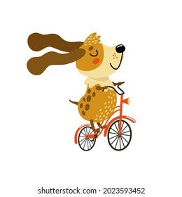 Cute dog on a bicycle. Funny puppy riding a bike. Sweet pet likes sport. Cartoon character, happy animal. Flat vector illustration isolated on white. Could be used for kids t shirt, baby poster etc. 