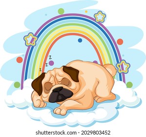 Cute dog on the cloud with rainbow illustration
