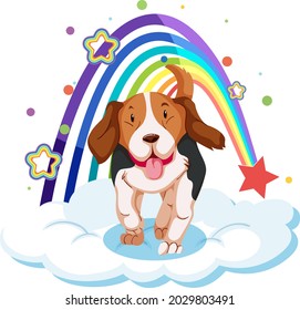 Cute dog on the cloud with rainbow illustration